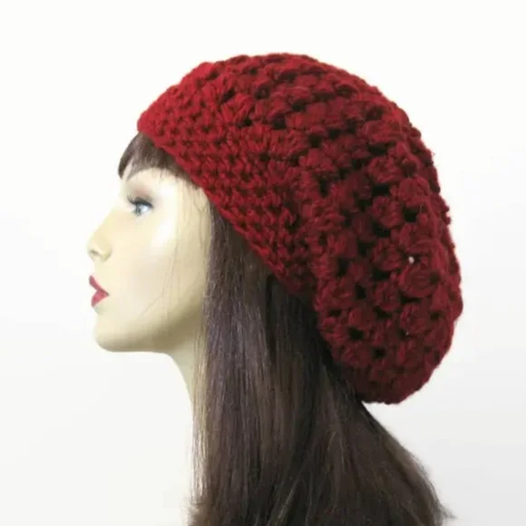 Burgandy Gold Thread Crochet Slouch Beanie & Pink Ultra Suede Gloves - Picture 2 of 11